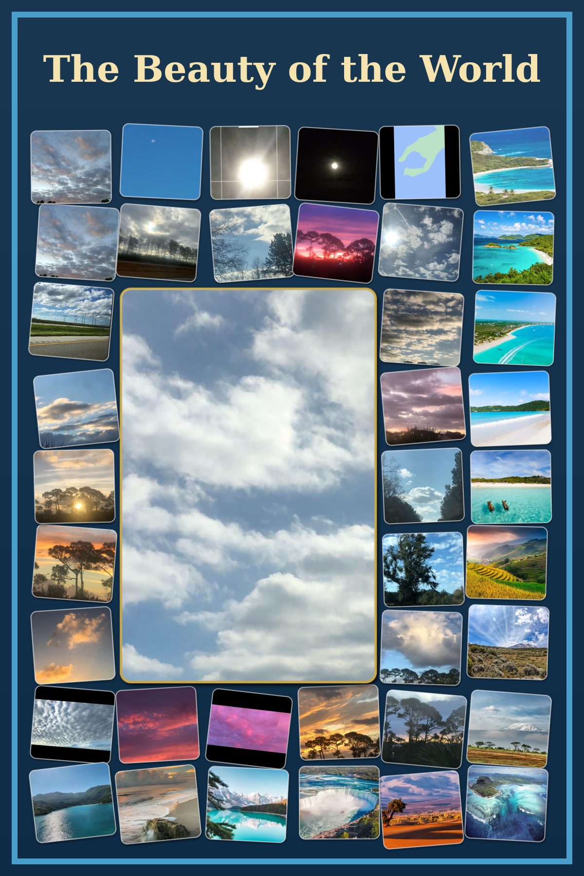 The Beauty of the World — a finished photo collage artwork with a hero image surrounded by smaller travel and nature photographs.